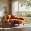 Cozy living room with orange chaise lounge and garden view