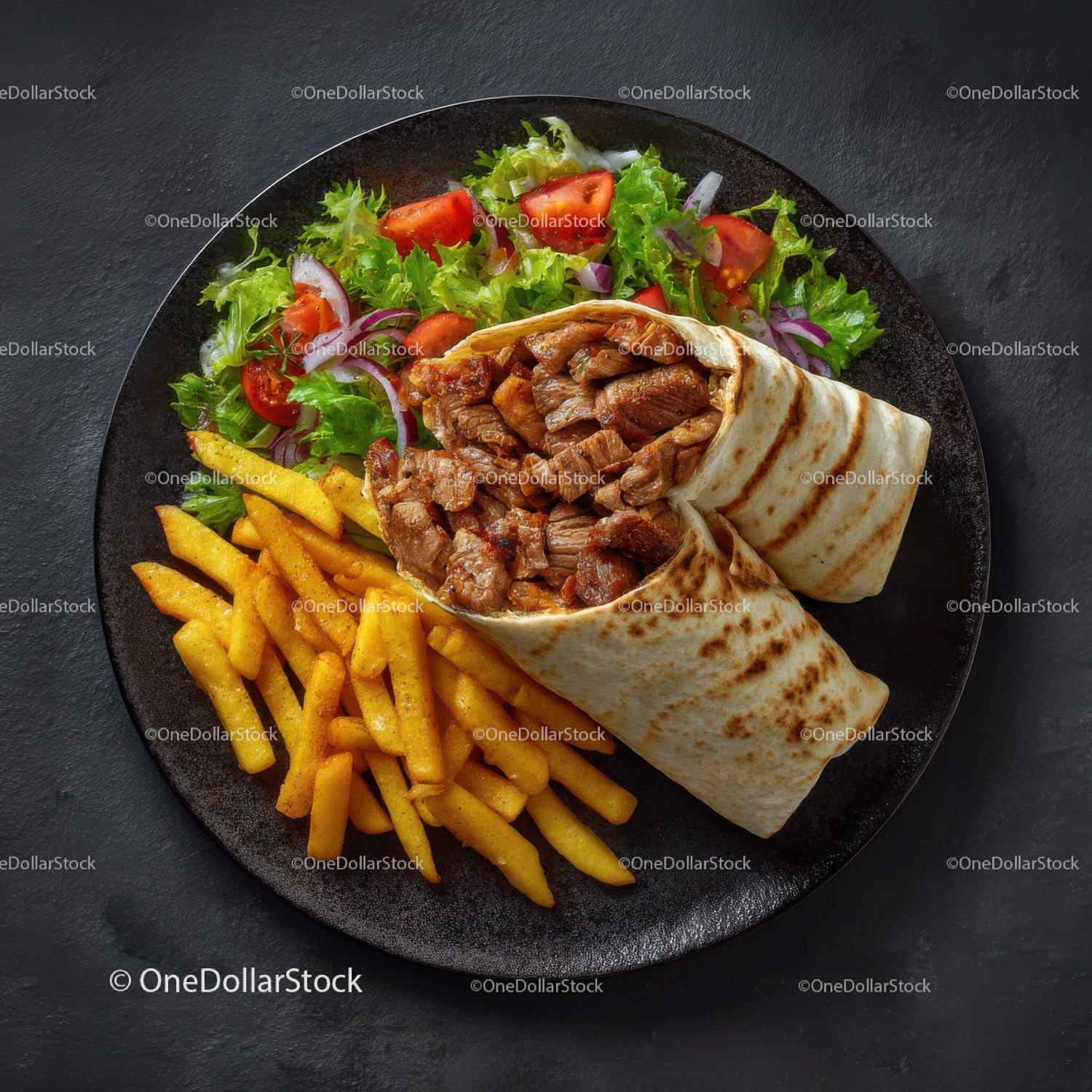 Grilled Beef Wrap with Fresh Salad and Crispy French Fries