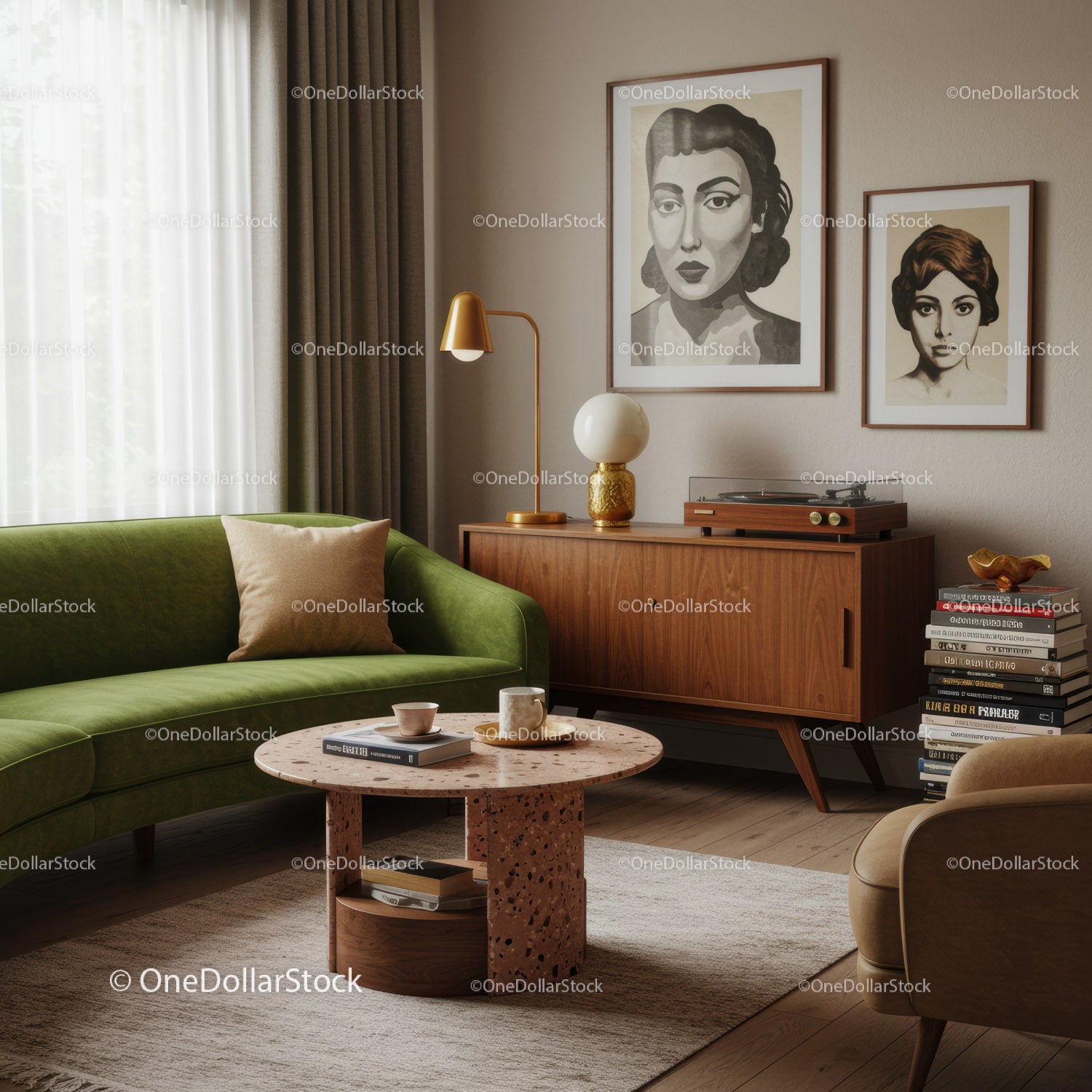 Cozy mid century living room with green velvet sofa