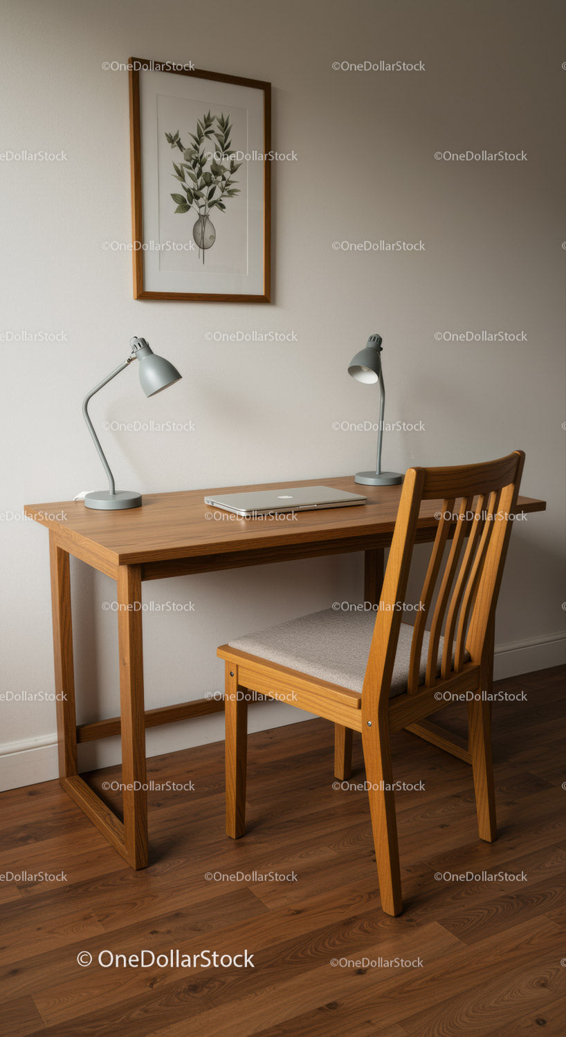 Minimalist Home Office with Wooden Desk and Elegant Lighting