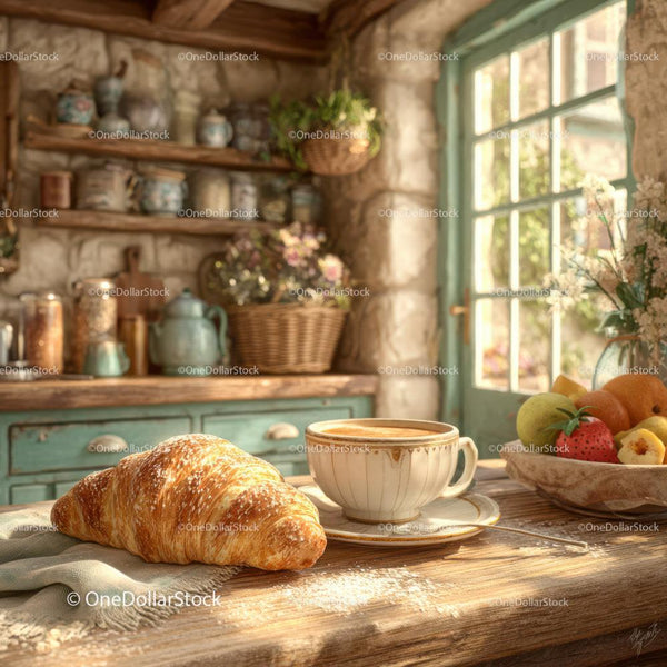 Rustykalna kuchnia z croissantem i świeżymi owocami w słonecznej scenerii śniadaniowej