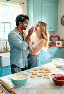 Couple Playfully Baking Heart Cookies Together