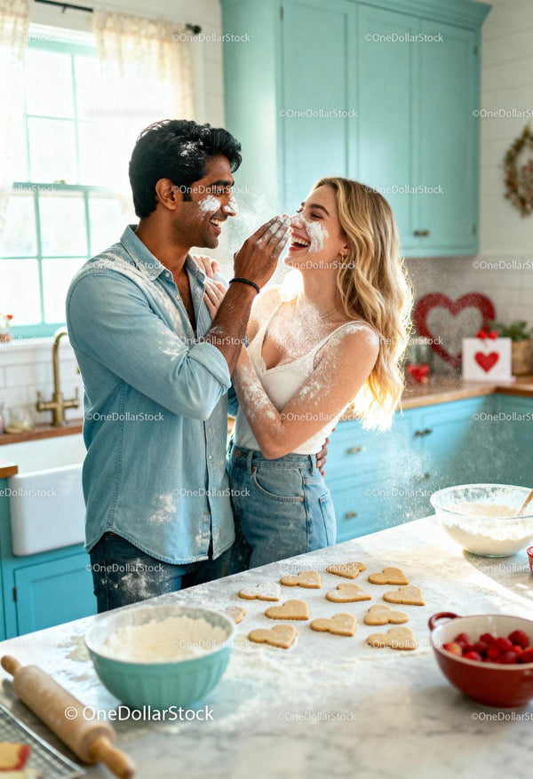 Couple Playfully Baking Heart Cookies Together