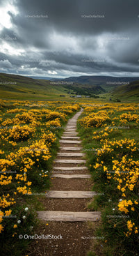 Yellow Flower Field with Wooden Pathway and Mountain Hills Under Stormy Sky