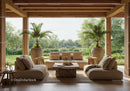 Cozy outdoor seating area with natural wood and greenery