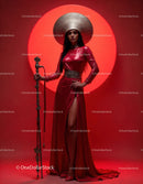 Elegant Woman in Red Dress with Accessories Against Red Background