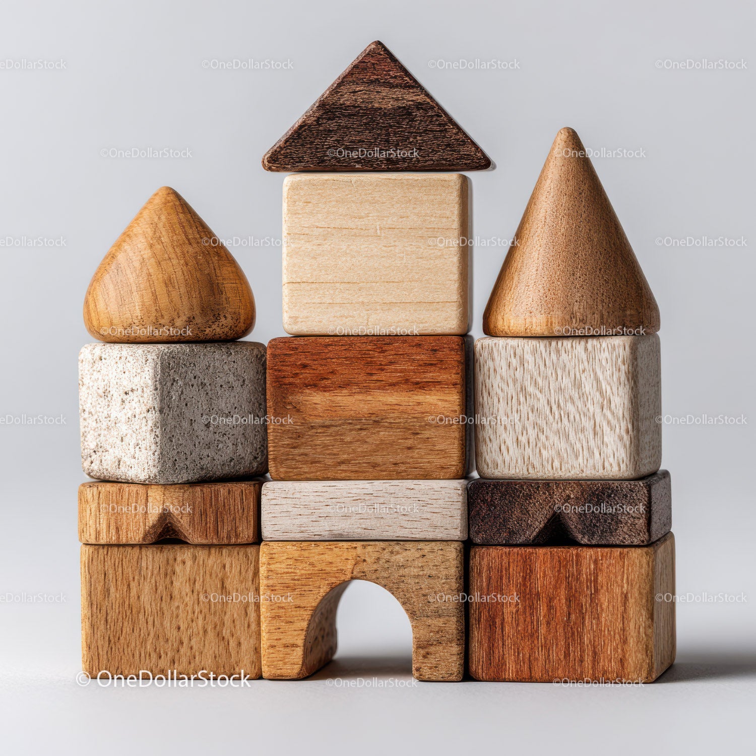 Set of Colorful Wooden Blocks and Shapes for Children's Play