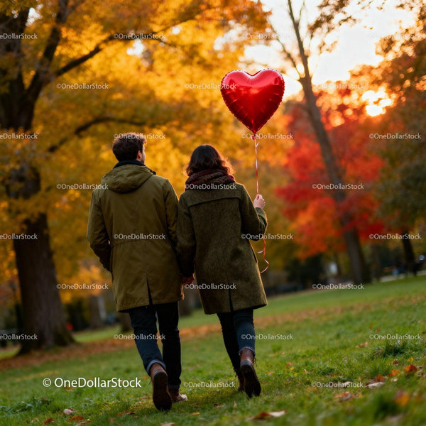 Couple holding hands walking with heart balloon outdoors