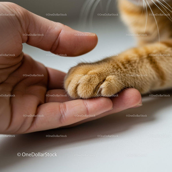 Close Up of Human Hand Holding Ginger Cat Paw