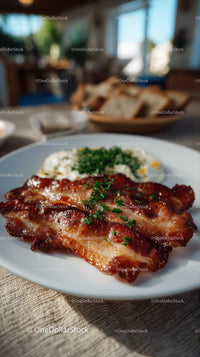 Crispy Bacon with Fresh Herbs and Creamy Yogurt on Rustic Table