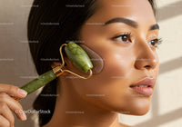 Close-up of Woman Using Jade Roller for Facial Skin Care