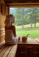 Woman Relaxing in Sauna with Scenic Forest View