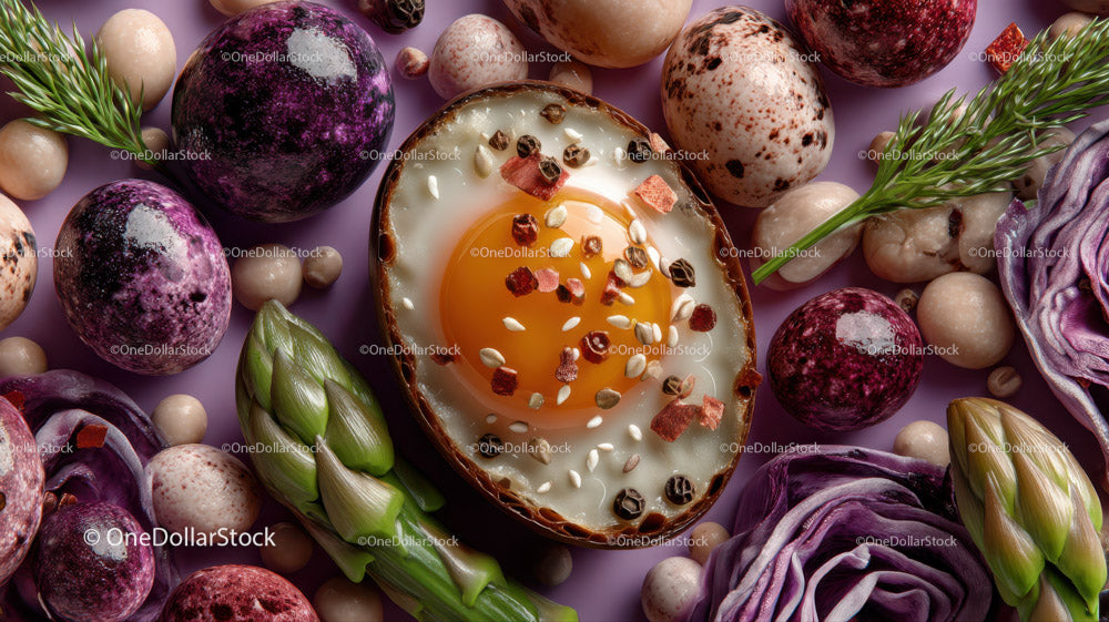 Colorful Eggs with Herb Garnish and Purple Cabbage in Artistic Composition