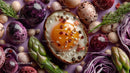 Colorful Eggs with Herb Garnish and Purple Cabbage in Artistic Composition