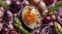 Colorful Eggs with Herb Garnish and Purple Cabbage in Artistic Composition