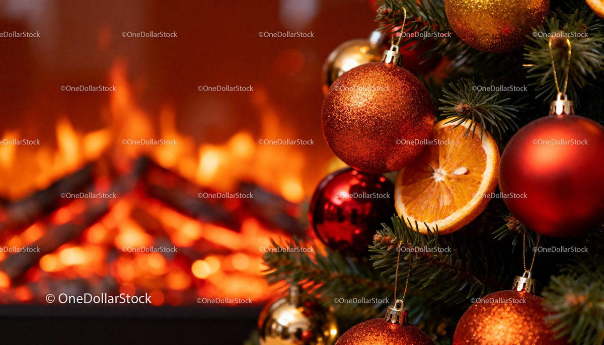 Christmas tree decorations with cozy fireplace background