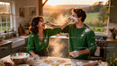 Couple Playfully Baking Heart Cookies Together at Sunset