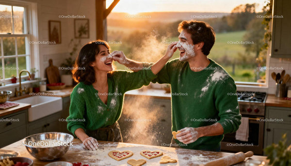 Couple Playfully Baking Heart Cookies Together at Sunset