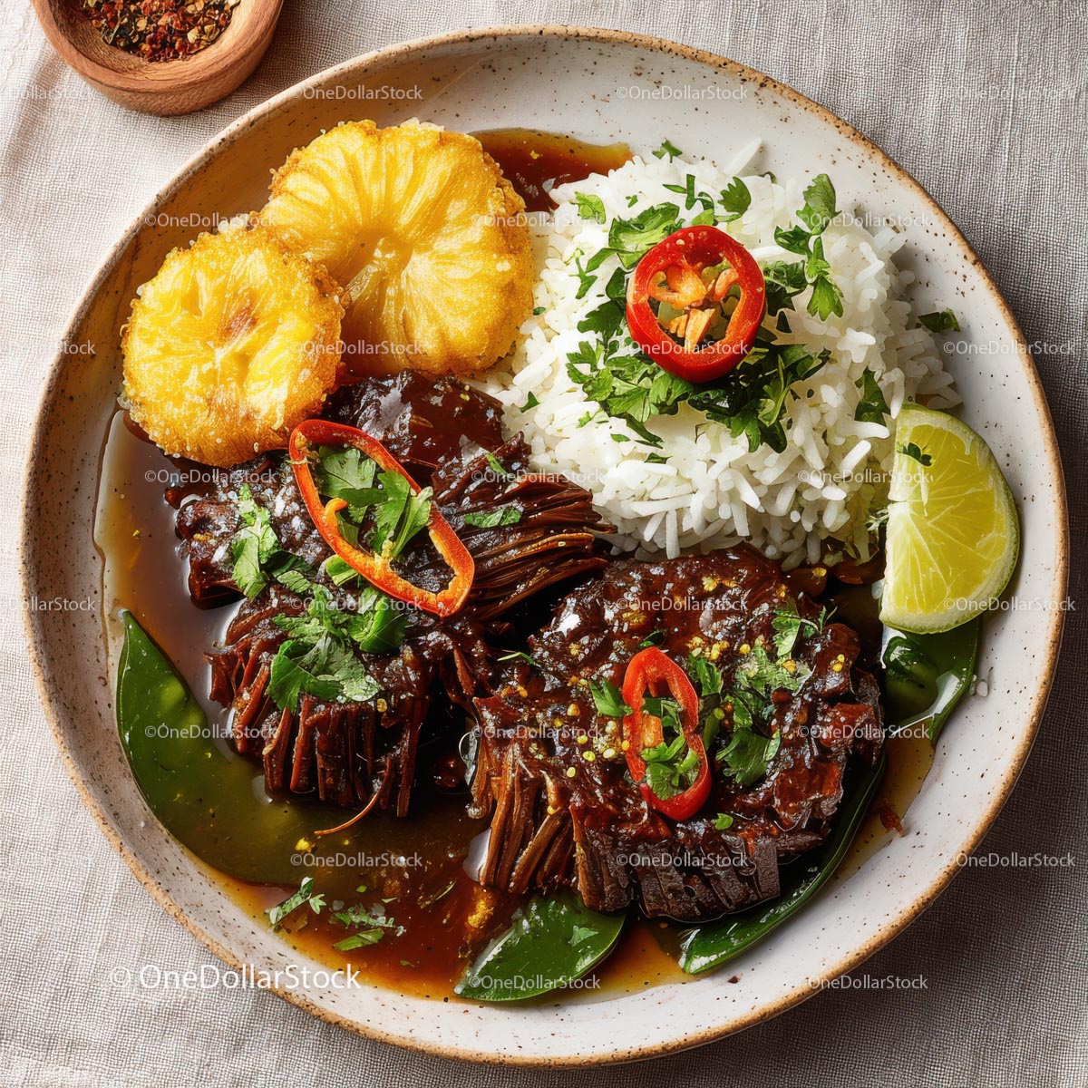 Savory Grilled Meat with Pineapple and White Rice Platter