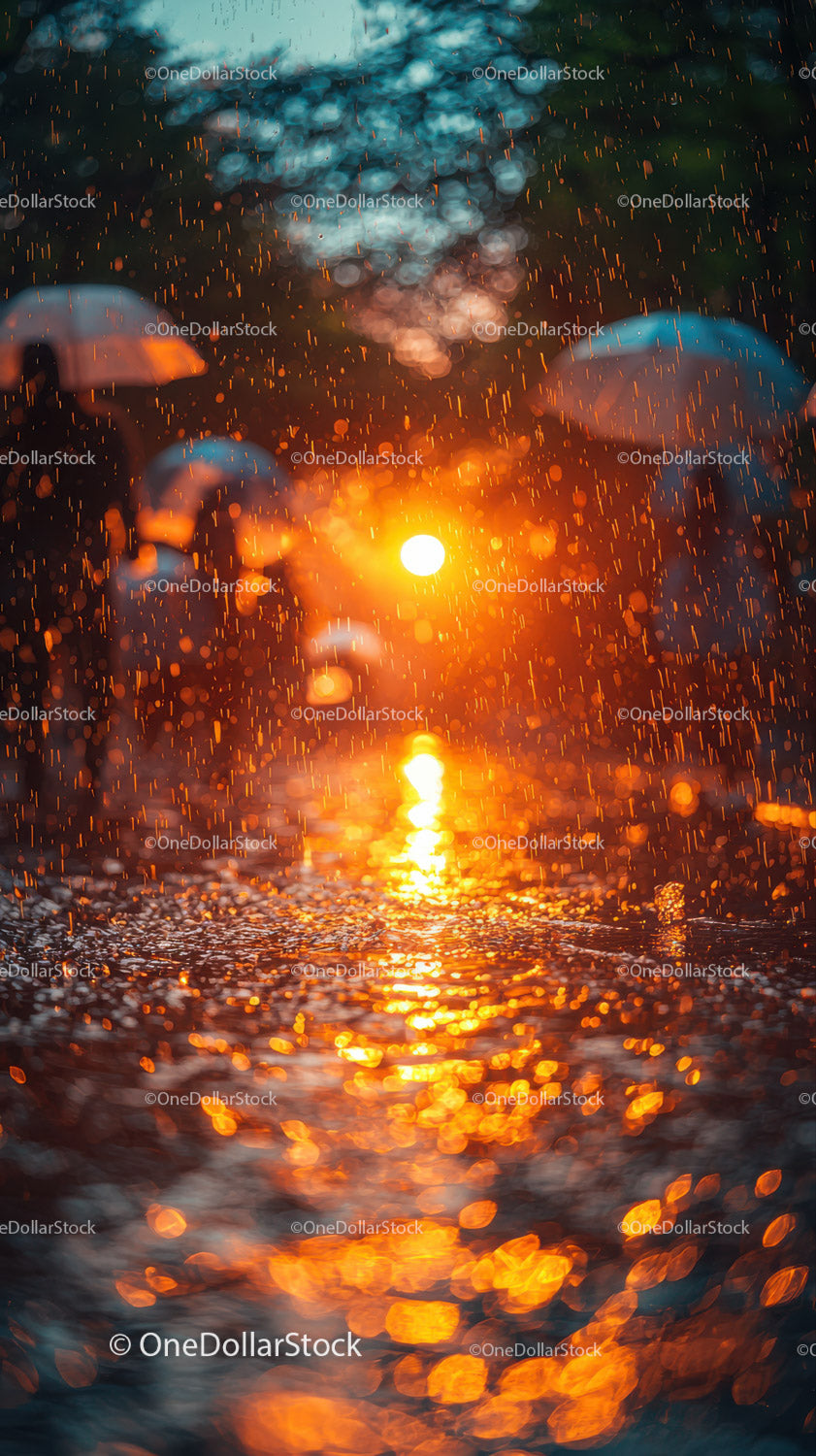 People with umbrellas walking in the rain on a city street at night