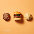 Gourmet Burger with Lettuce and Tomato Next to Grilled Steak and Dumpling
