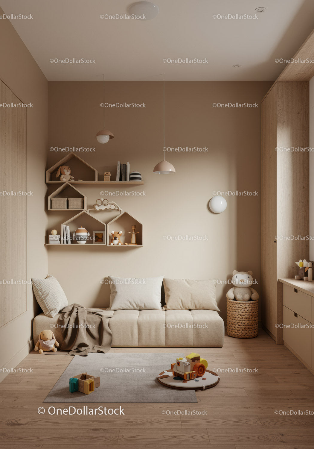 Modern Cozy Kids Room with Plush Toys and Wooden Decor