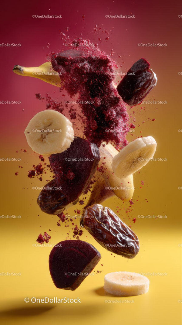 Falling Dried Cranberries and Banana Slices in Midair for Health Food