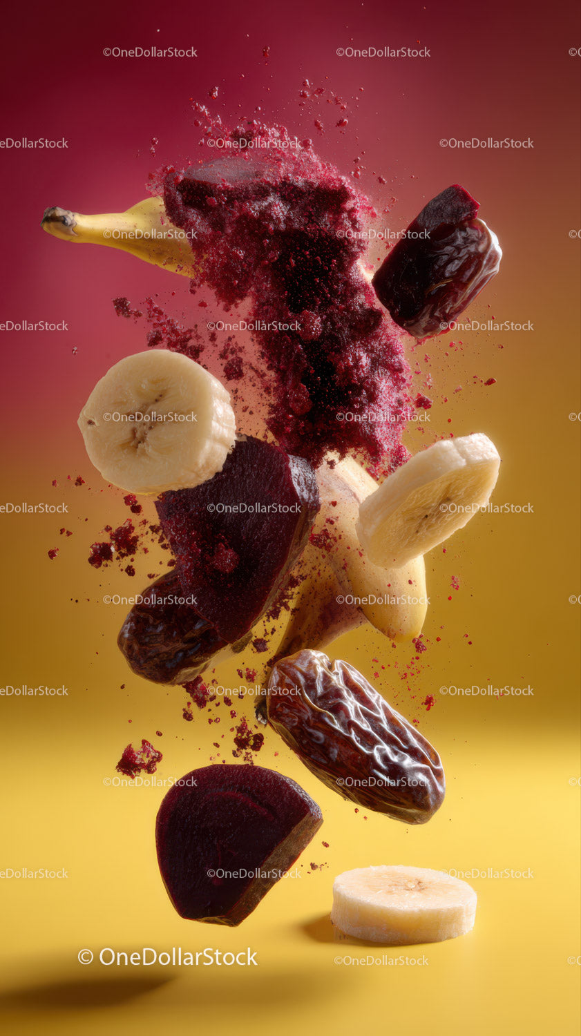 Suszone żurawiny i plasterki banana spadające w powietrze jako zdrowa żywność