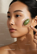 Young Woman Using Jade Roller for Facial Skincare and Relaxation