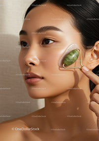 Young Woman Using Jade Roller for Facial Skincare and Relaxation