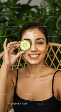 Young Woman with Cucumber Skincare Face Mask in Spa Setting