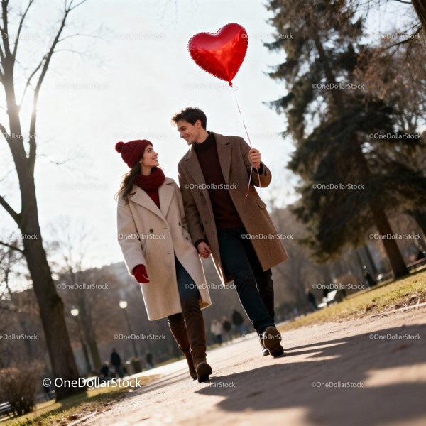 Couple Walking Outside Holding Heart-Shaped Balloon