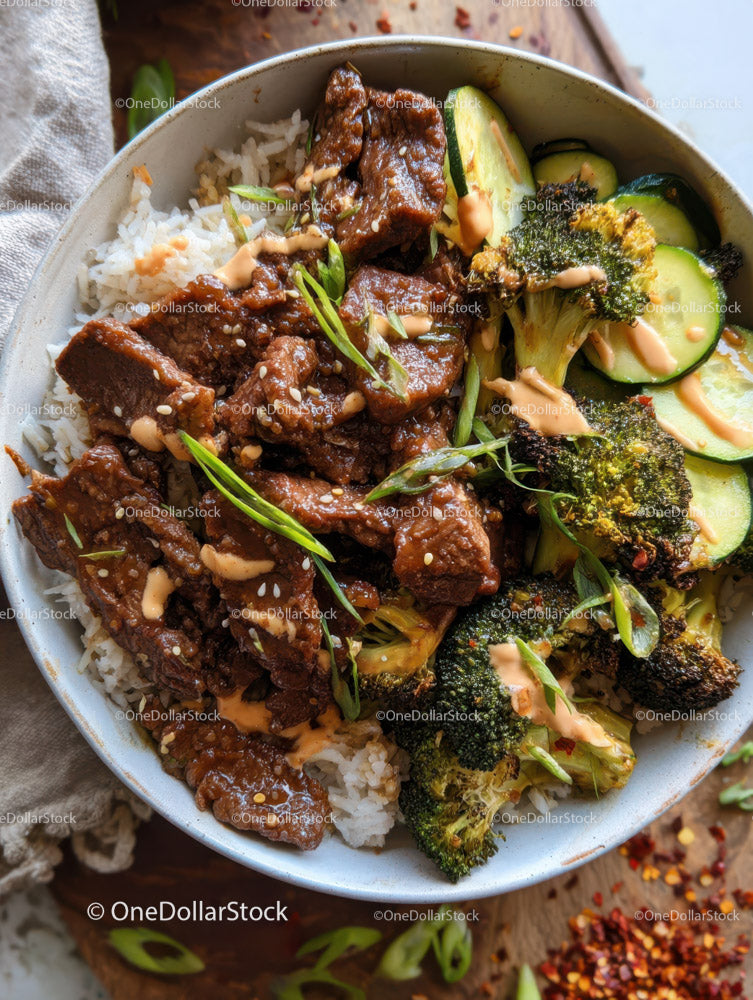 Beef Stew with Rice and Roasted Broccoli on Plate