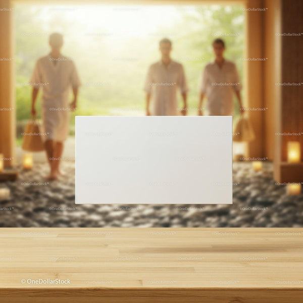 Relaxing spa retreat with guests walking inside JPG Mockup Image