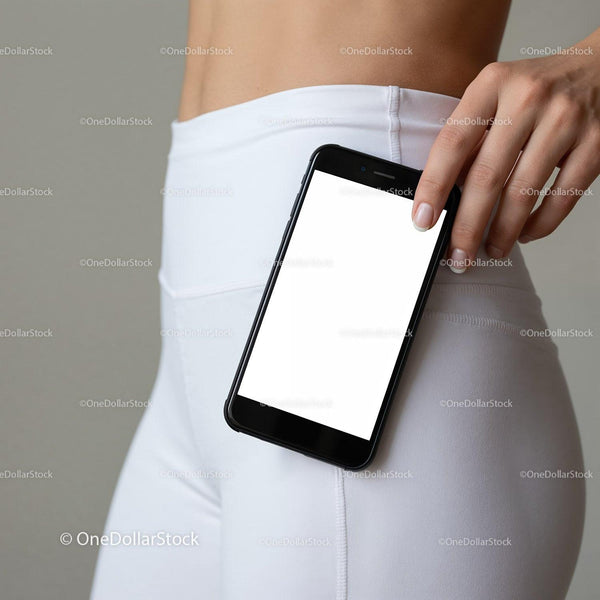 Woman Holding Smartphone Against Waist in White Leggings JPG Mockup Image
