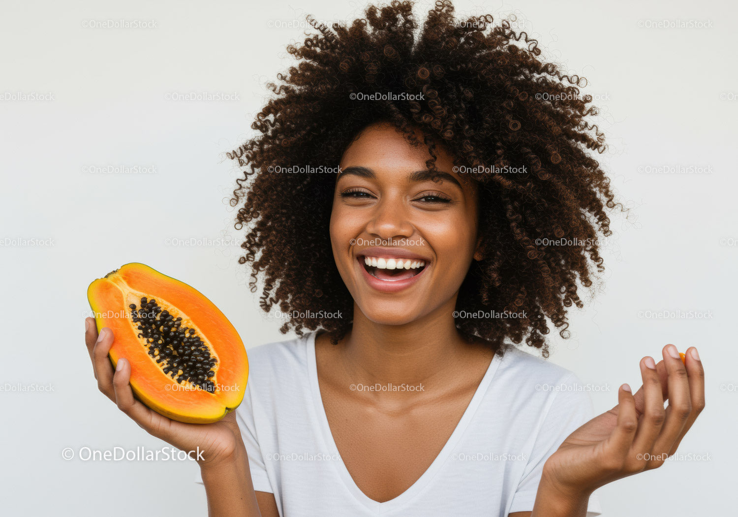 Joyful Woman Holding Fresh Papaya with Bright Smile