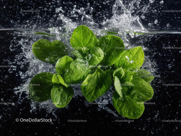 Fresh Green Basil Leaves Splashing Water with Dynamic Motion