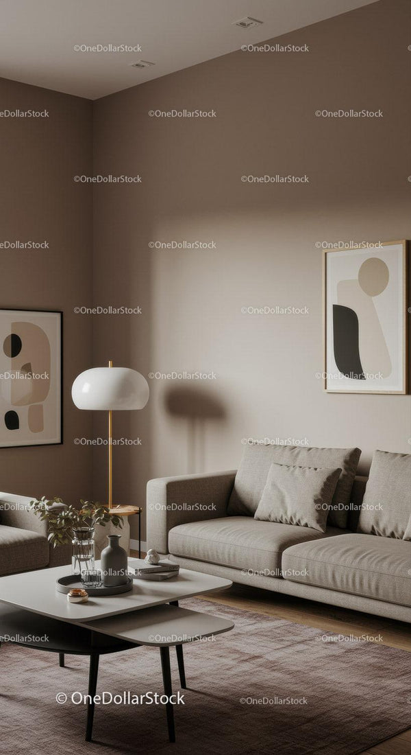 Cozy Modern Living Room with Beige Walls and Abstract Art