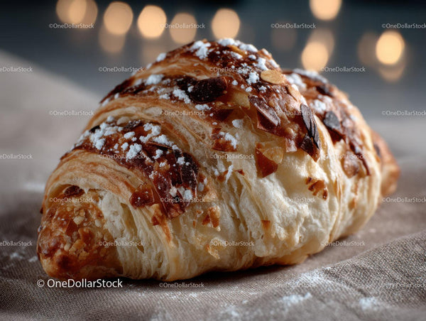 Decorative Croissant with Almonds and Powdered Sugar in Close-Up