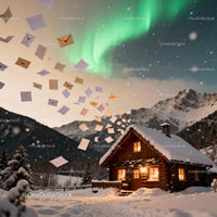 Cozy cabin under northern lights with floating letters