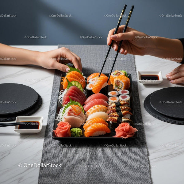 Colorful Sushi and Sashimi Platter with Fresh Seafood and Japanese Cuisine