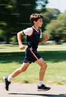 Active Boy Running Outdoors in Athletic Clothing