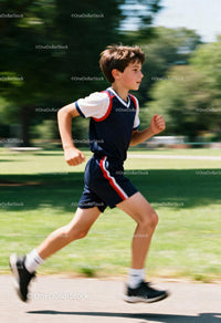 Active Boy Running Outdoors in Athletic Clothing