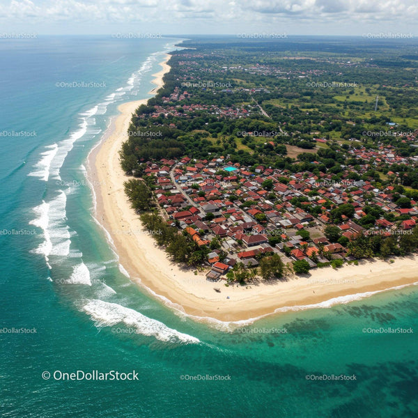 Tropical Coastal Town with Sandy Beach and Ocean Waves