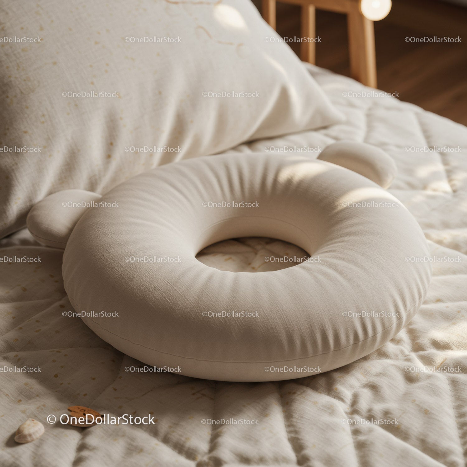 Soft Beige Donut-Shaped Baby Pillow on Cozy Bedding