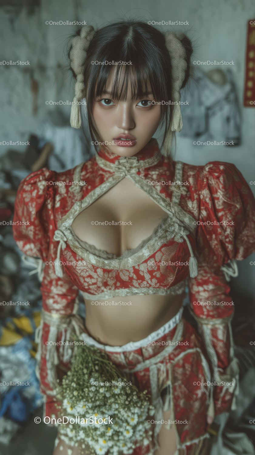 Young Woman in Red and Beige Kimono with Artistic Makeup