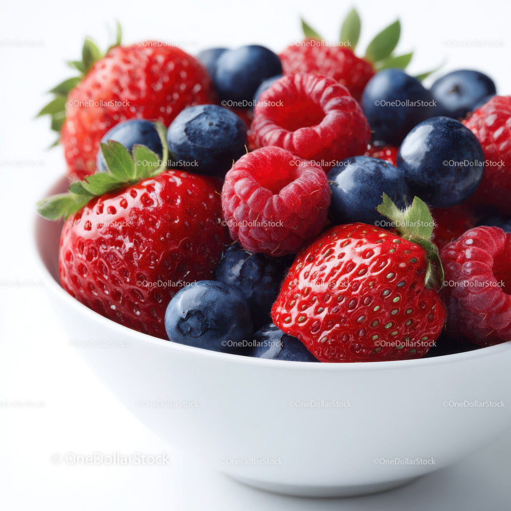 Fresh Mixed Berries in a White Bowl with Green Leaves