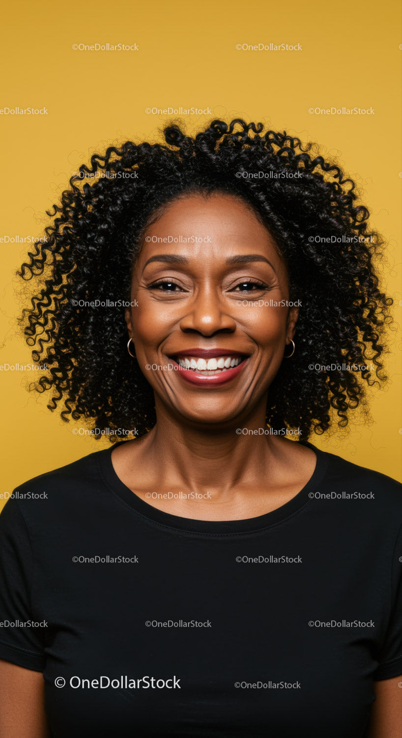 Young Black Woman with Curly Hair Smiling Against Bright Yellow Background