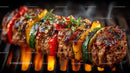 Juicy Grilled Meat Skewers with Charred Edges on Open Flame