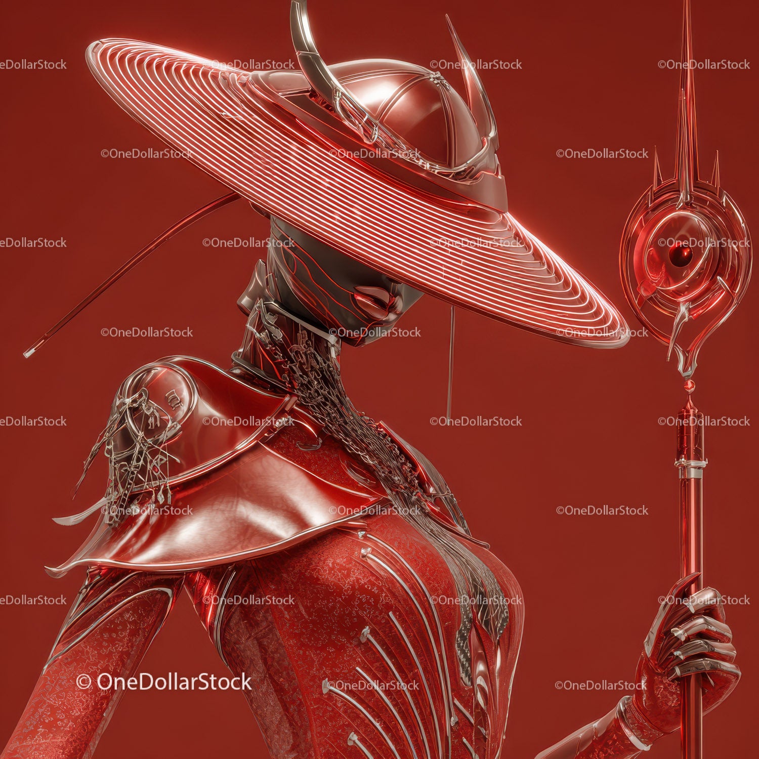 Futuristic Samurai in Neon Red Armor Holding Umbrella